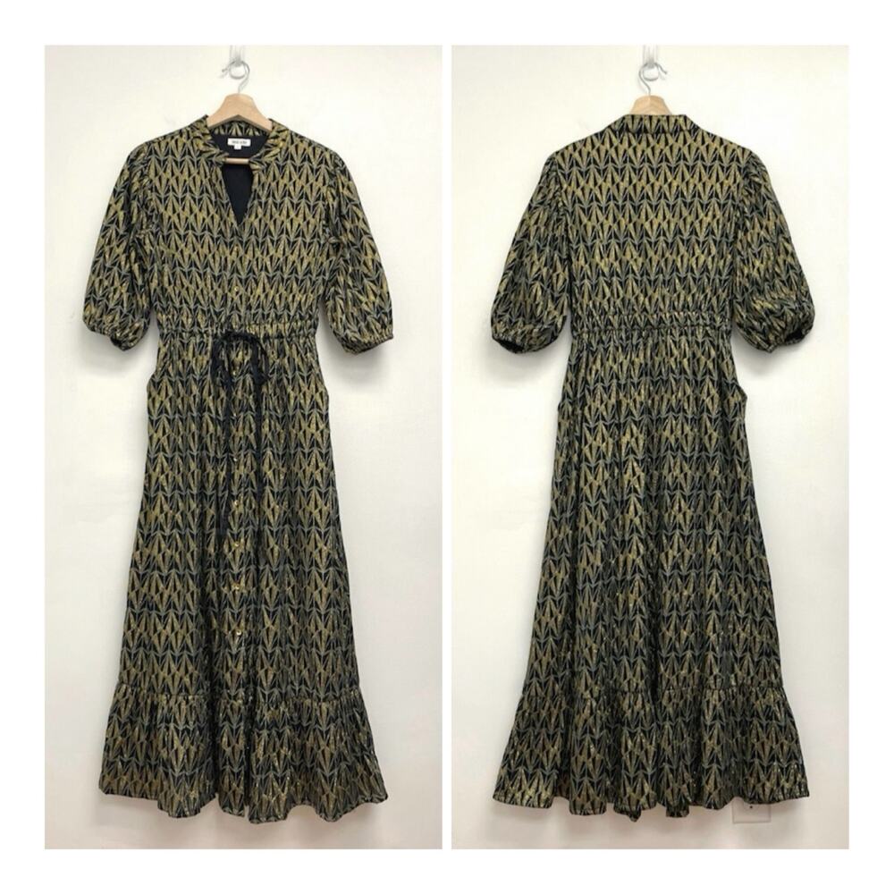 Beau & Ro Metallic Geometric Print Geo Shine Button Front Party Maxi Dress Small